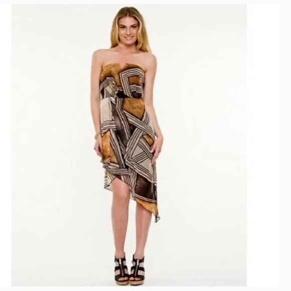 NWT Le Chateau asymmetrical high low chiffon summer dress gold shimmer sparkly - Picture 1 of 2